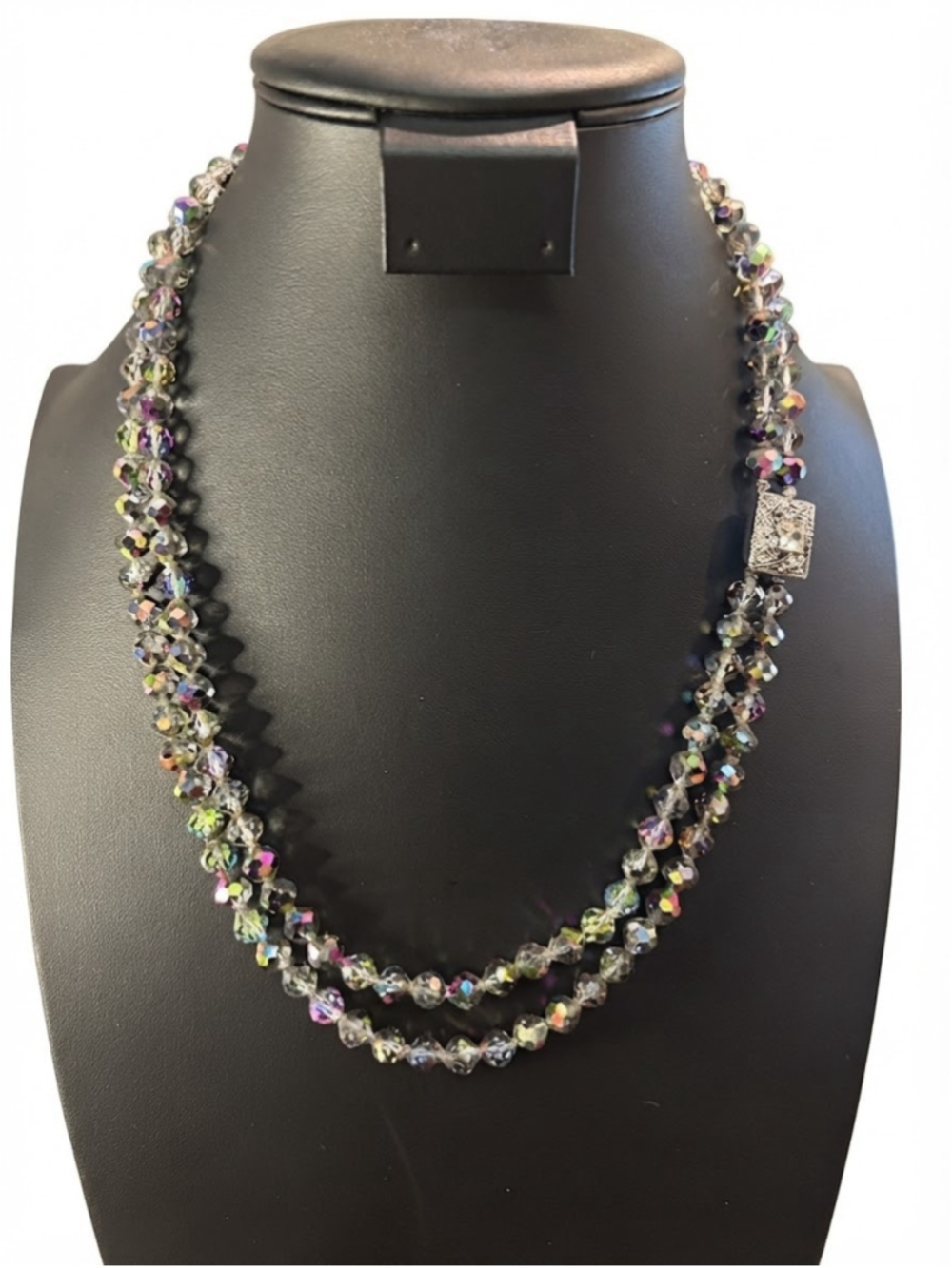 double-strand faceted crystal glass necklace with an iridescent Aurora Borealis